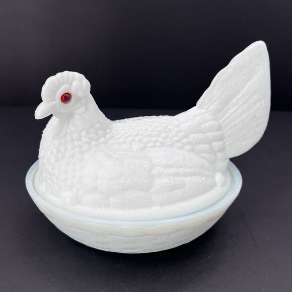 Antique Milk Glass Large Nesting Chicken Hen on Basket Covered Dish - Picture 1 of 13
